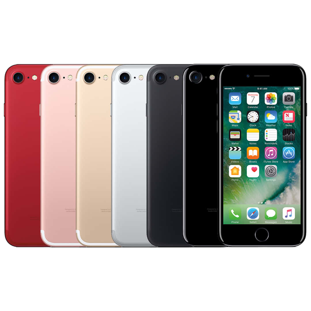 現代時尚：一張閃亮新 Apple 手機的影像 壁紙 — 六款 iPhone 7 型號，包括紅色、粉紅色、金色、銀色、黑色和太空灰，其中一部顯示主畫面。