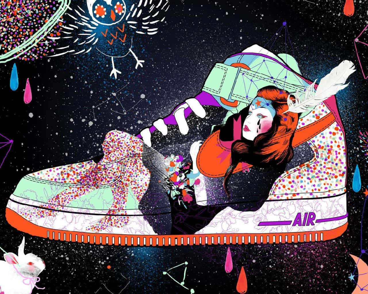 一位女性在一個巨大的運動鞋內睡覺，漂浮在星空宇宙場景中，有貓頭鷹和雨滴。