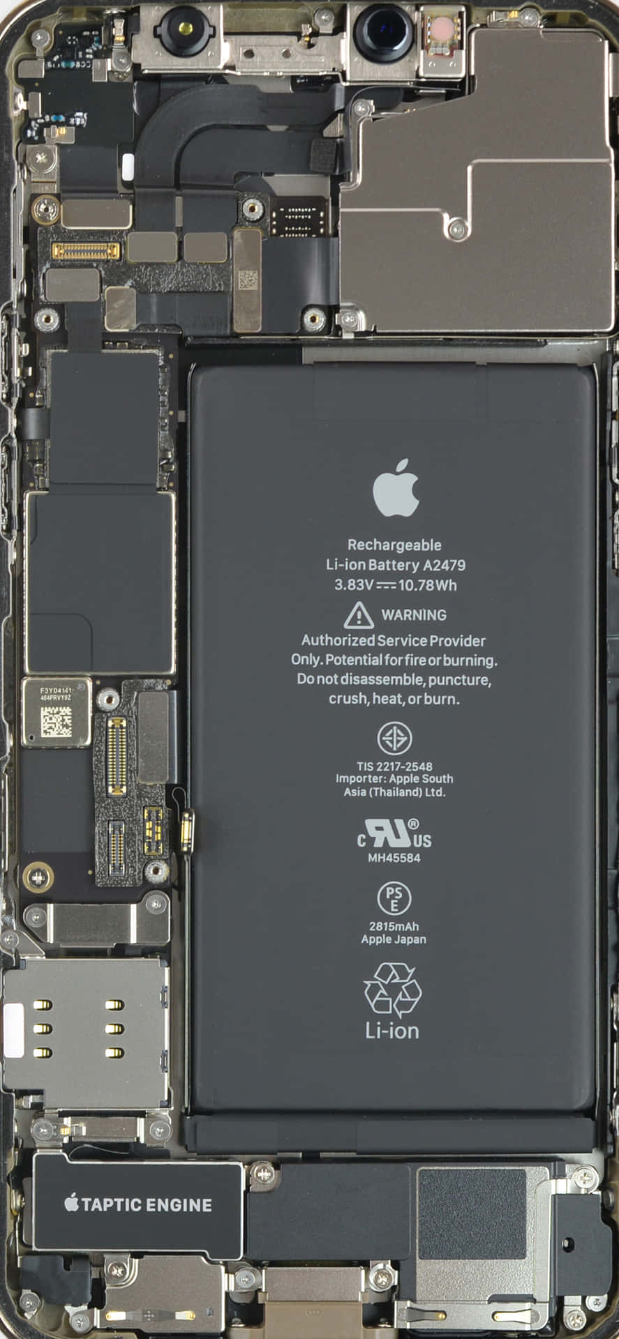 iPhone內部特寫，包括電池、相機和電路。