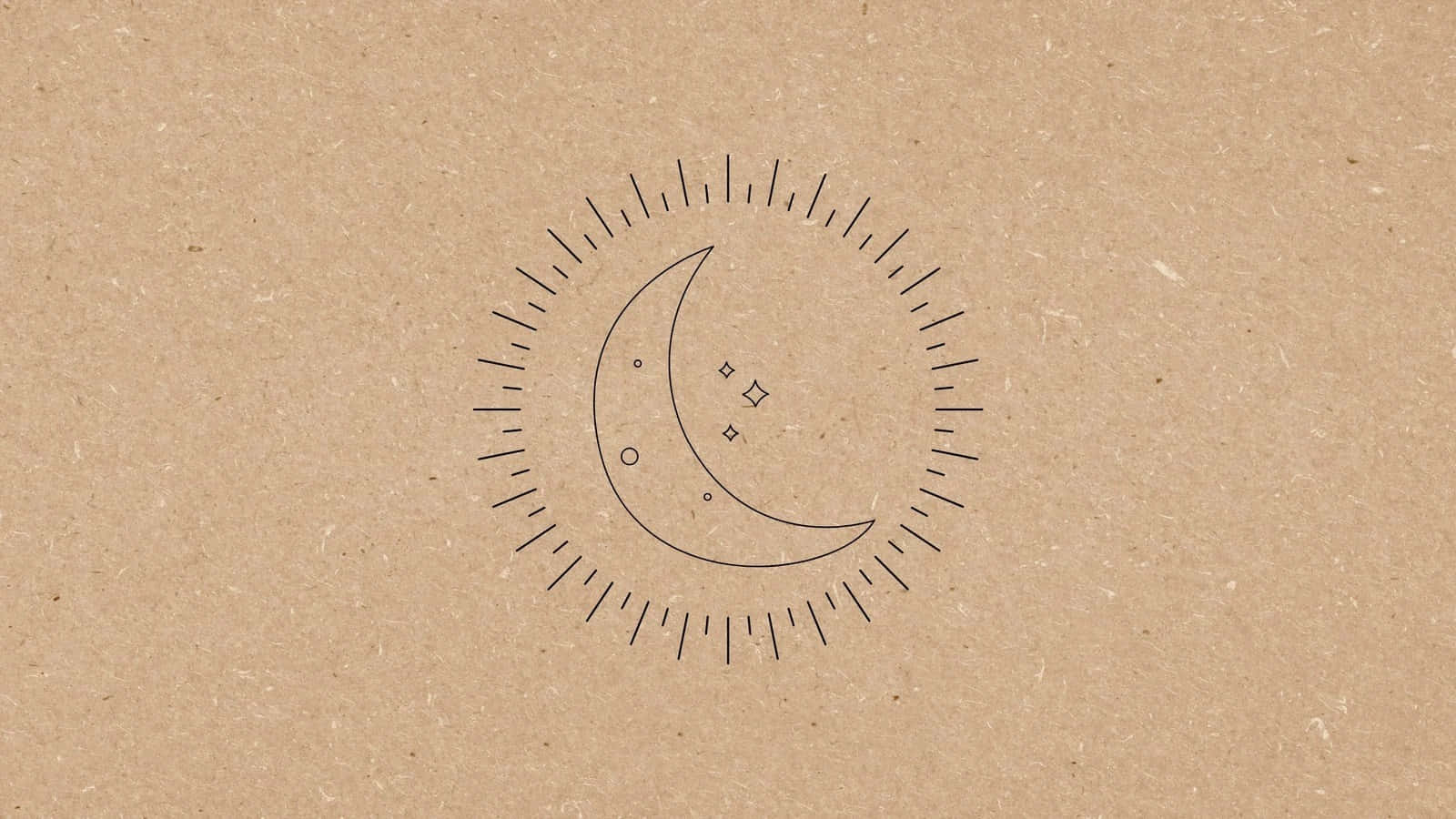 在棕色紙上，一個太陽爆發內有星星的新月簡單線條圖案。