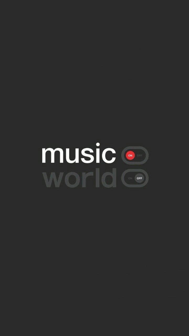 現代灰色音樂手機 壁紙 — 極簡深灰色牆紙，帶有白色文字 music world 和兩個撥動開關，一個紅色開啟，另一個灰色關閉。