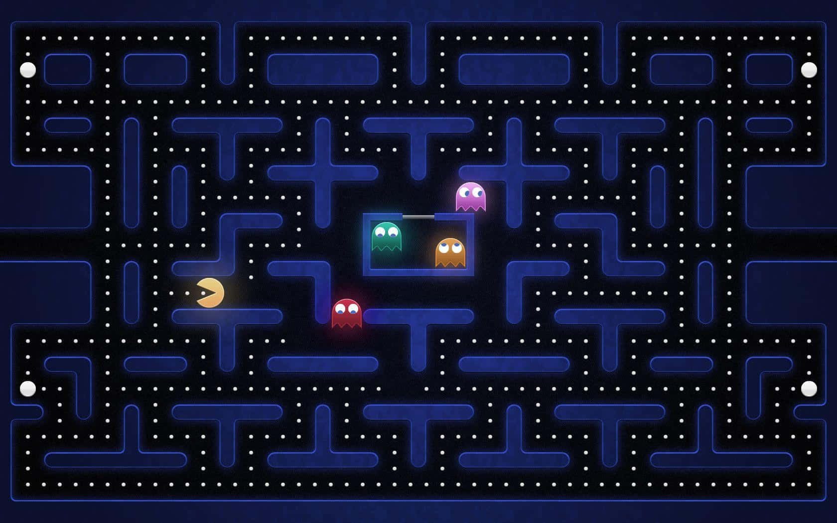Pacman 在發光藍色迷宮中追逐鬼魂