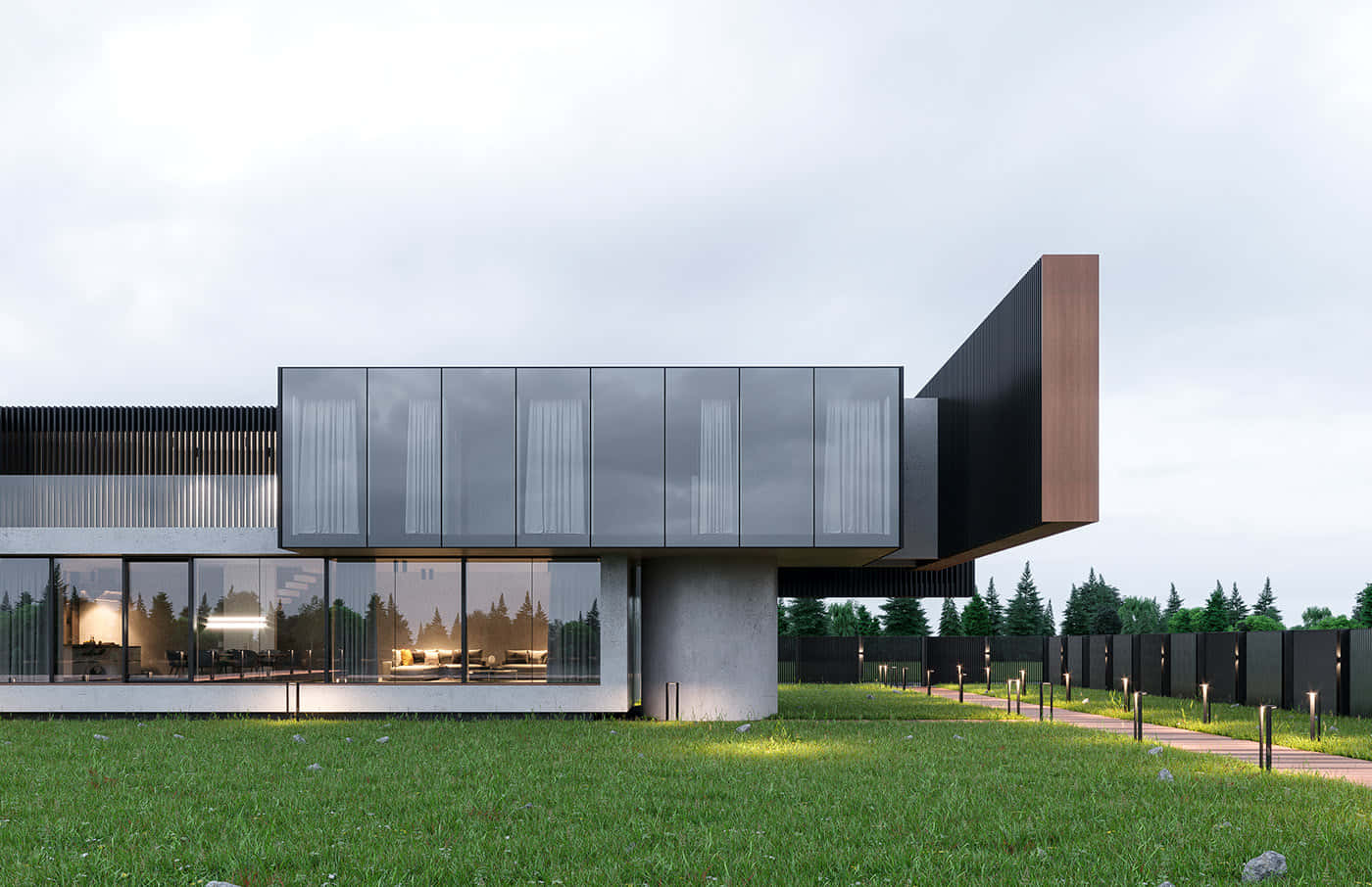 Minimalist Architecture 桌布 壁紙 — 現代玻璃和混凝土房屋，帶有浮動擴建部分，位於草地上，天空多雲，背景有樹木。