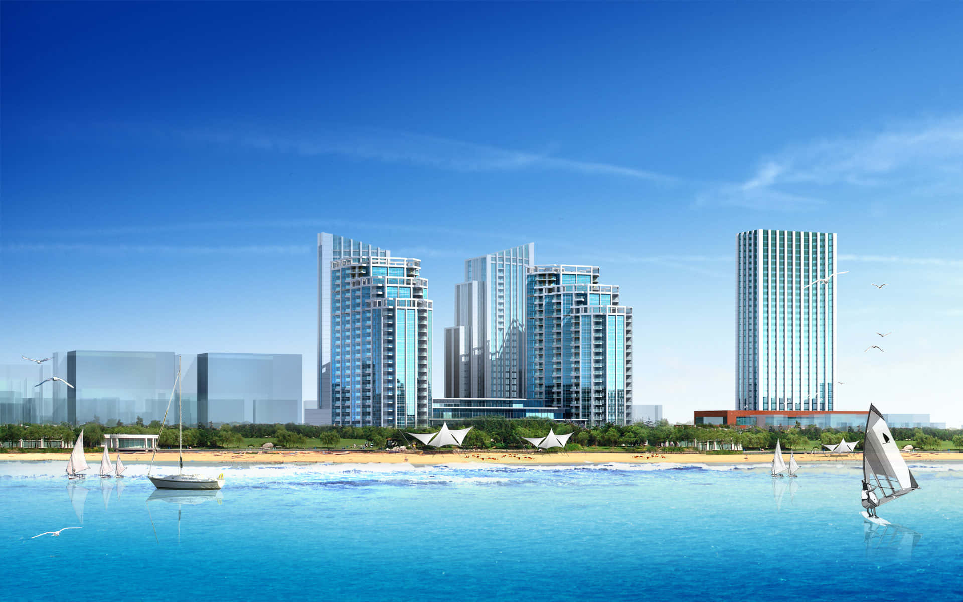 Beach Art 桌布 壁紙 — 現代玻璃摩天大樓聳立在沙灘旁，帆船在清澈藍天下於碧綠海面上滑行。