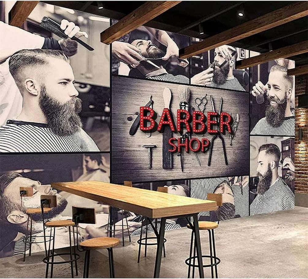 Hair Salon 桌布 壁紙 — 現代理髮店內部，設有大型壁畫牆，展示黑白照片，內容為鬍鬚男正在理髮，以及紅色霓虹燈 'BARBER SHOP' 標誌。