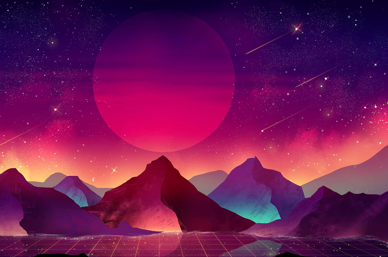 在發光的粉紅色行星下，紫色山脈伴隨著流星和網格線。