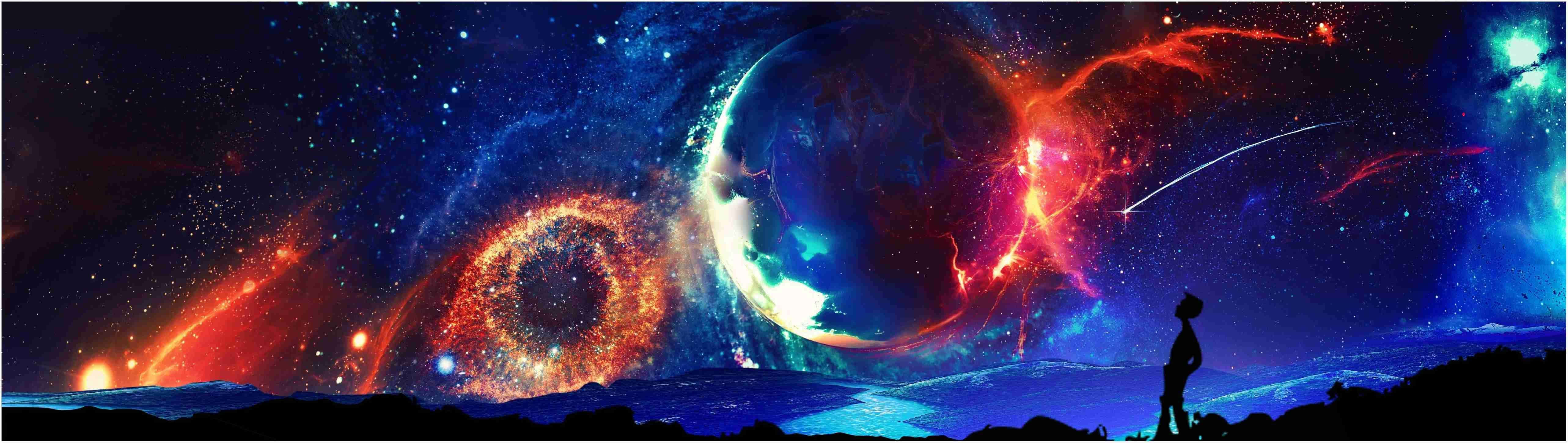 一個人站在宇宙景觀中的剪影，觀看發光的行星和星雲。