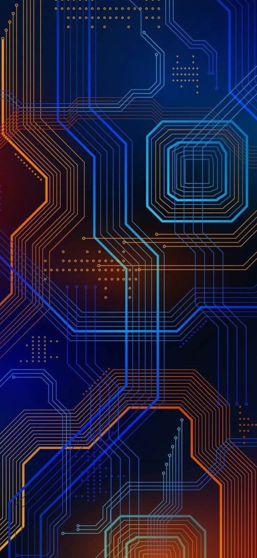 抽象發光電路板設計，在深色背景上帶有藍色和橙色線條