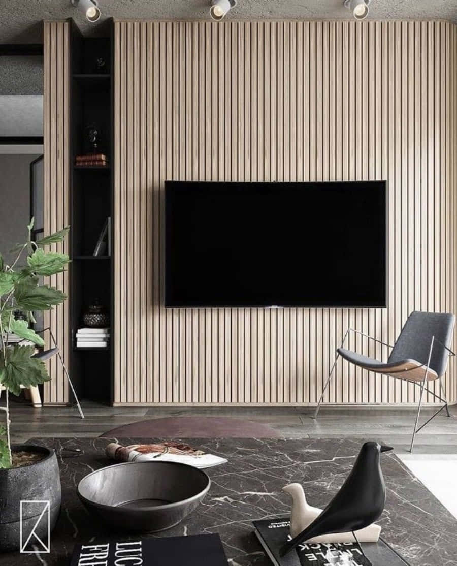 tv 桌布 壁紙 — 現代簡約客廳，設有木條牆電視背景和時尚家具。