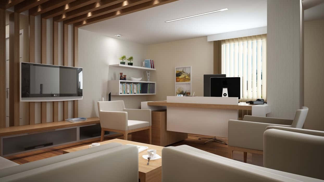 Interior Design 桌布 壁紙 — 現代簡約客廳，配有木質裝飾、白色家具和來自垂直百葉窗的自然光。