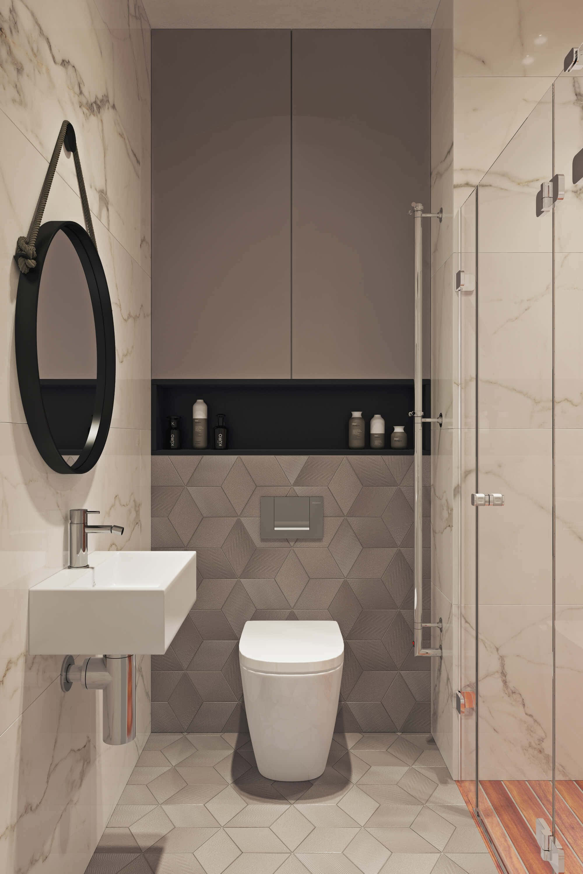 Toilet 桌布 壁紙 — 現代簡約浴室，採用大理石牆壁、六角形瓷磚和時尚白色潔具，柔和環境照明。