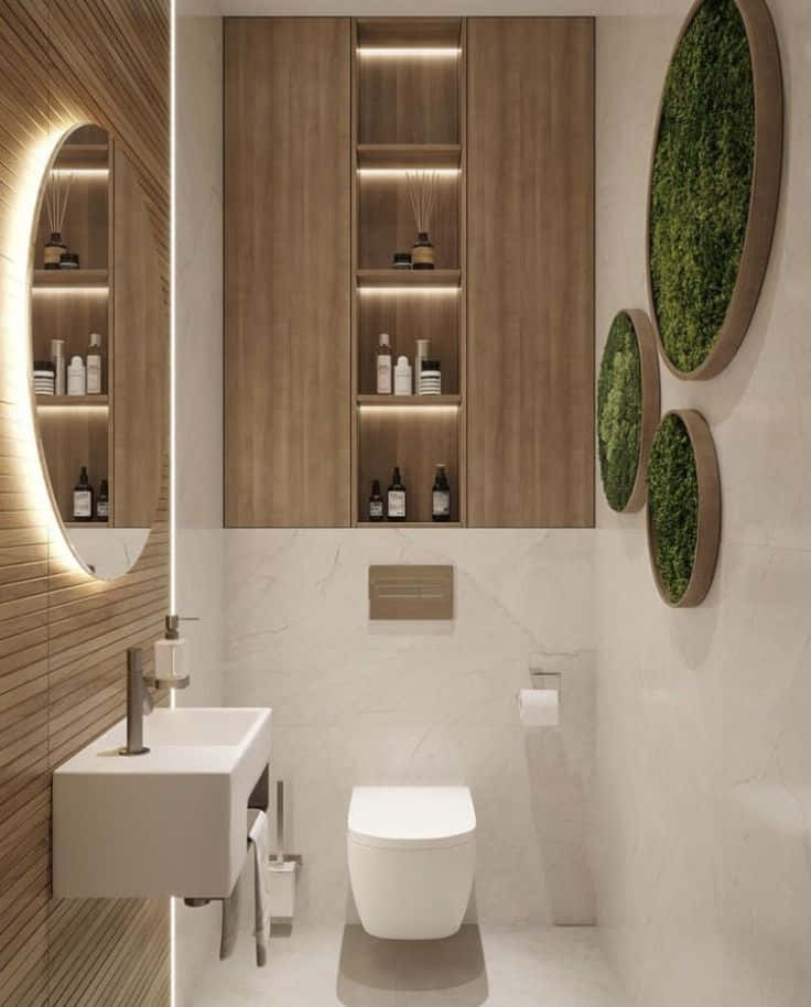 Toilet 桌布 壁紙 — 現代簡約浴室，配有木製櫥櫃、照明層架和圓形苔蘚牆飾。