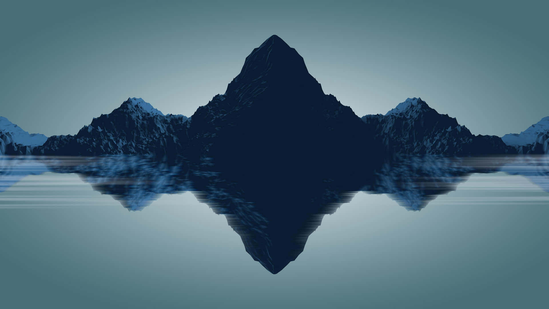 對稱的山峰倒映在平靜的水面上，天空呈藍綠色。