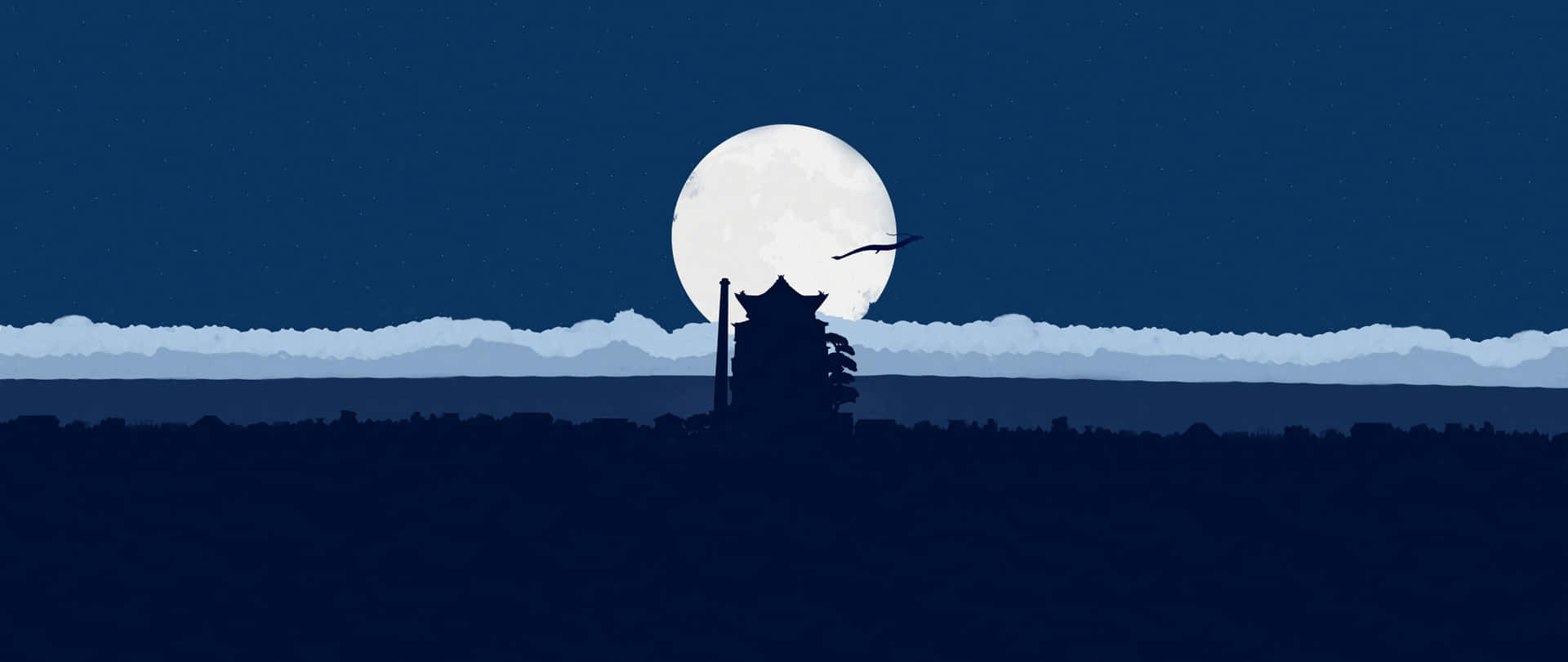 滿月下的寶塔剪影，夜間有飛鳥。