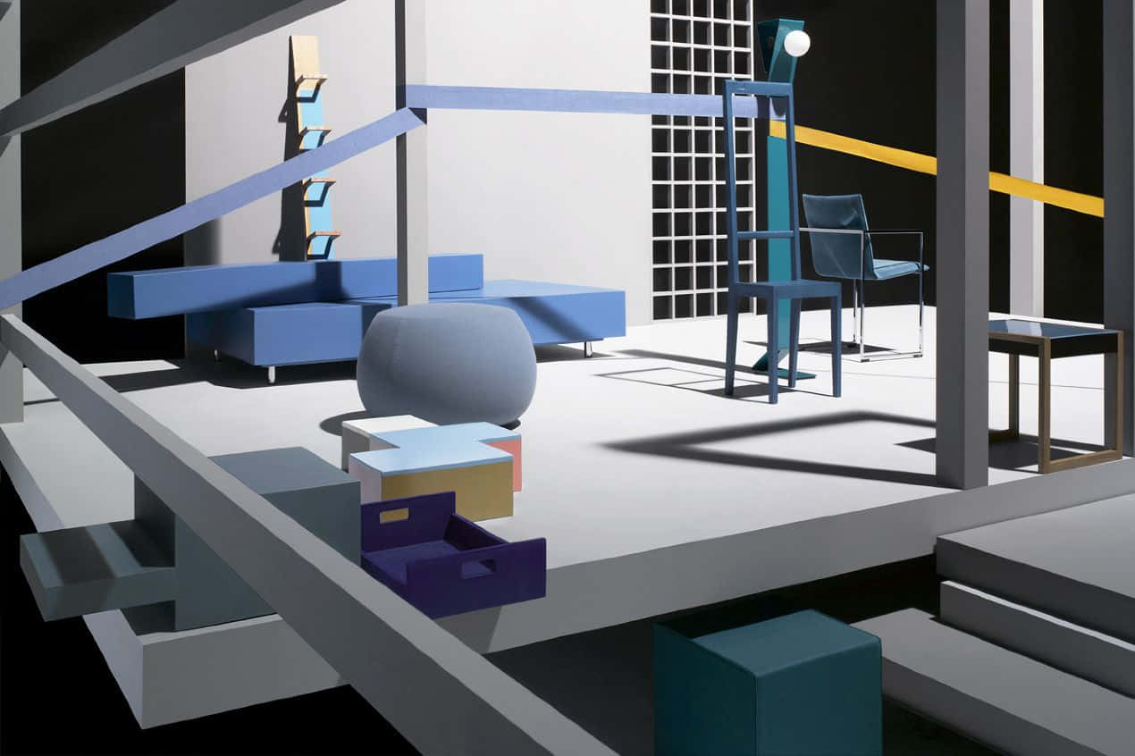 Constructivism 桌布 壁紙 — 現代簡約風格室內設計，採用藍灰色和黃色的幾何家具，在銳利的方向性燈光下呈現大膽效果。