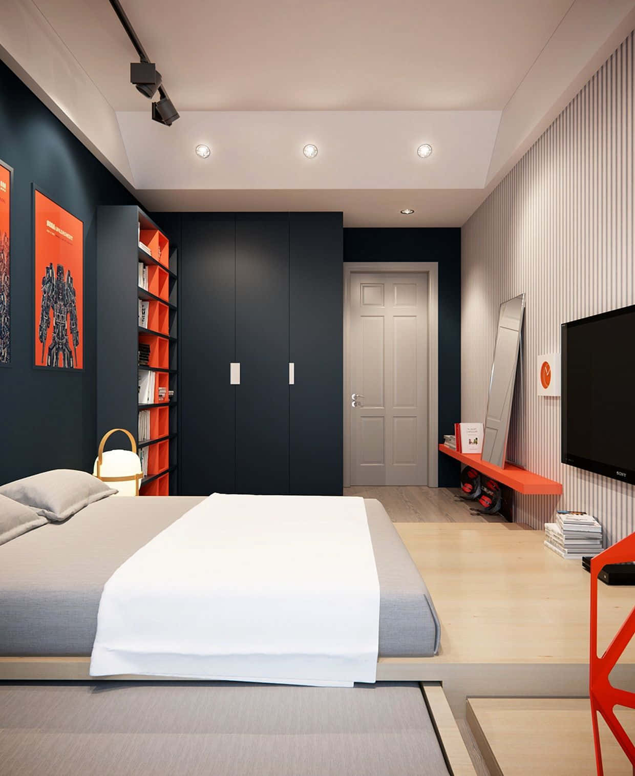 room 桌布 壁紙 — 現代臥室，深藍色牆壁，橙色點綴，簡約家具，明亮天花燈。