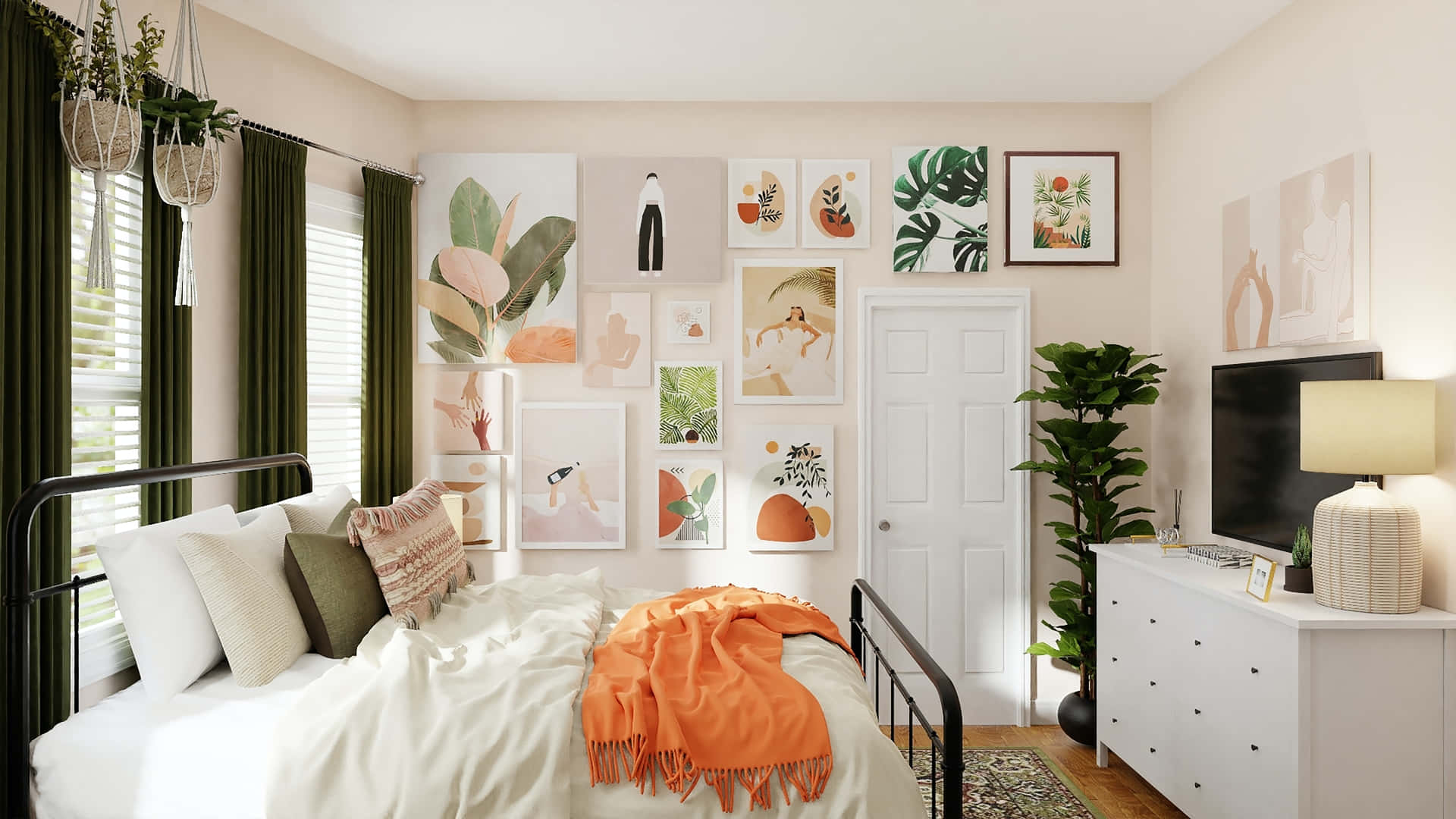 舒適的臥室，配有黑色床、橙色毛毯、綠色窗簾和藝術牆。