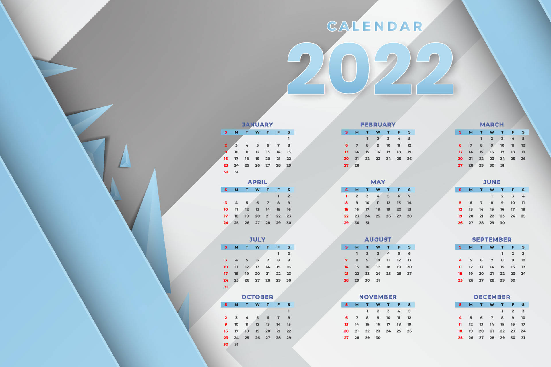 現代藍色2022日曆 壁紙 — 現代2022年月曆，以幾何藍色和灰色抽象形狀框住每月網格。