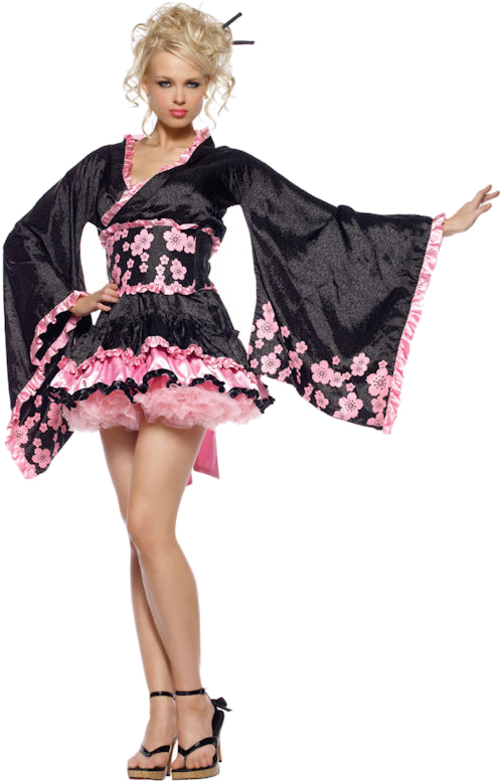 現代藝伎服裝姿勢 壁紙 — 一位女士穿著黑色和粉紅色花卉荷葉邊和服風格連衣裙和高跟鞋，在樸素背景前自信地擺姿勢。
