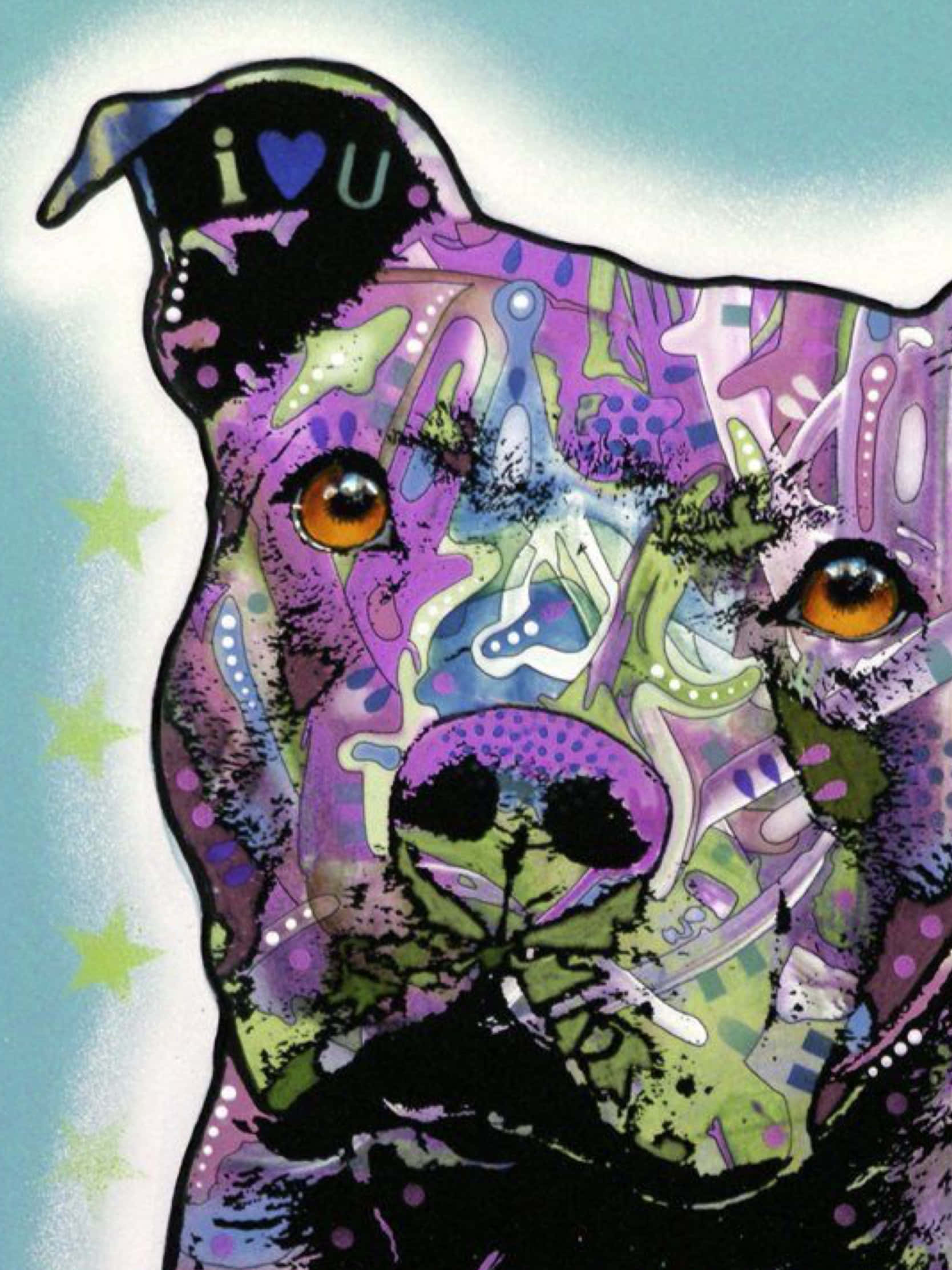 現代藝術風格美國鬥牛犬圖片 壁紙 — 一隻充滿活力的風格化狗，戴著印有 i heart u 的帽子，背景是星空。
