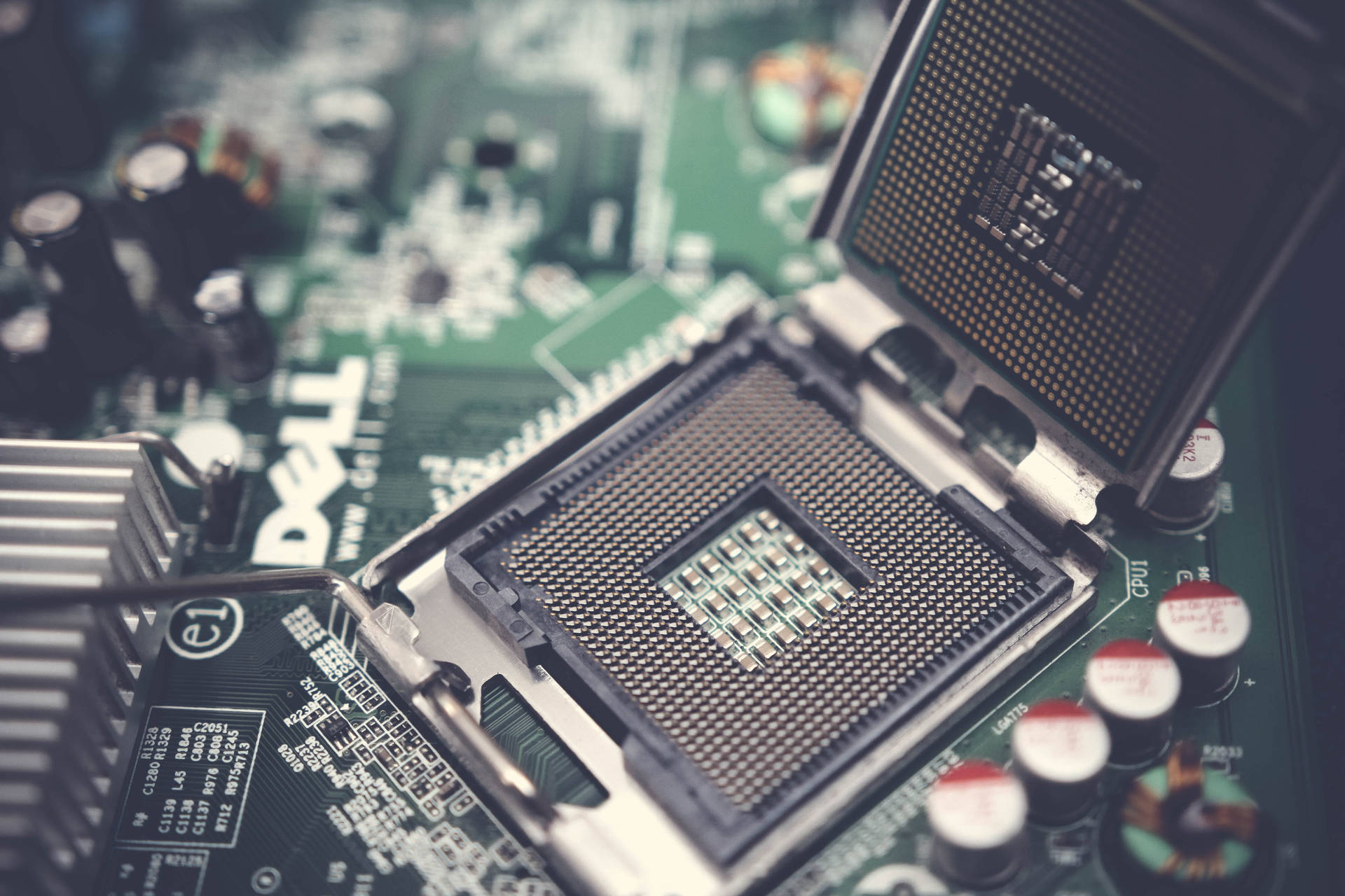 Dell 電腦主機板與 CPU 插槽和電路的特寫。