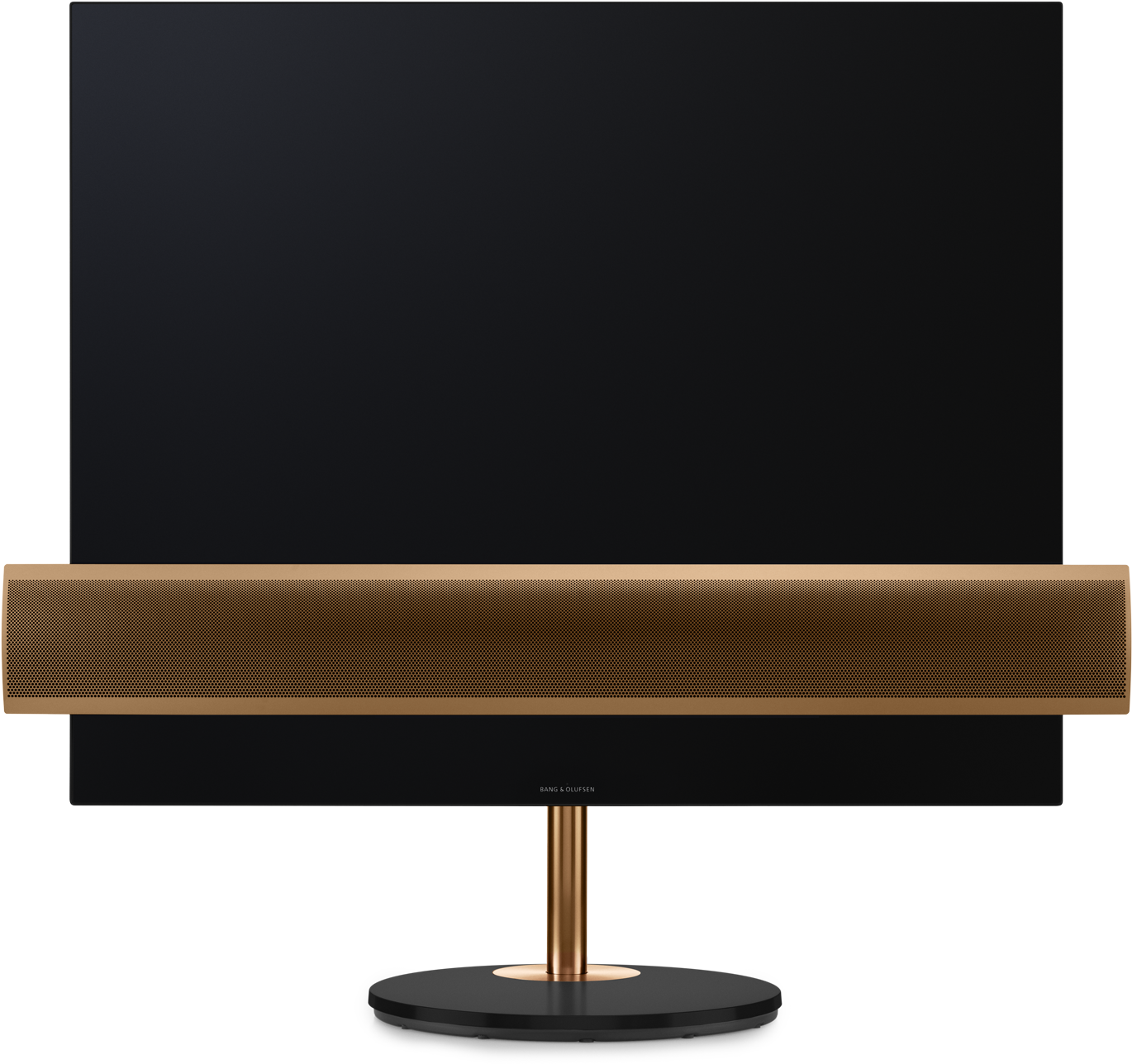 現代設計電視機 壁紙 — 一個時尚的金色 soundbar 居中放置在黑色顯示器下方，放在相配的金色支架上，背景為深色。