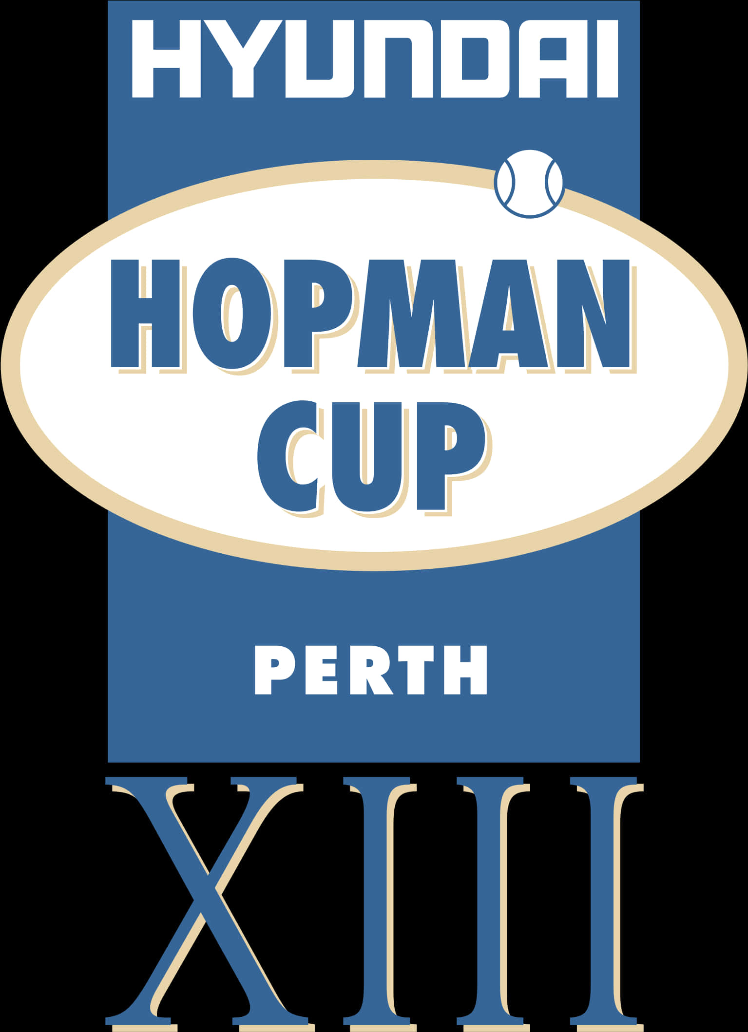 現代起亞霍普曼杯標誌 壁紙 — 現代 Hopman Cup Perth XIII 網球錦標賽的藍白標誌，帶有羅馬數字和棒球圖標。