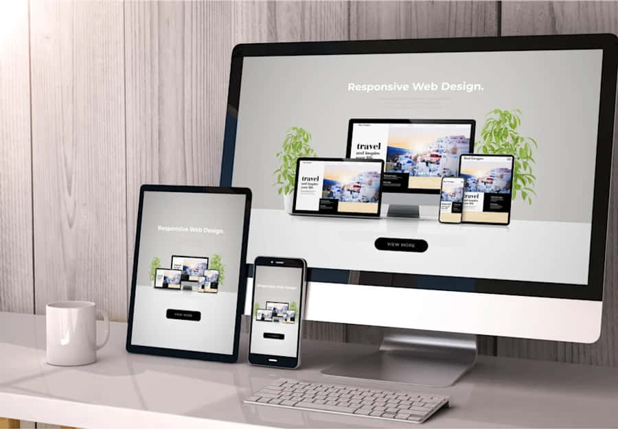Website 桌布 壁紙 — 現代辦公桌設置在簡約木質背景下展示桌面、平板和手機上的響應式網頁設計。