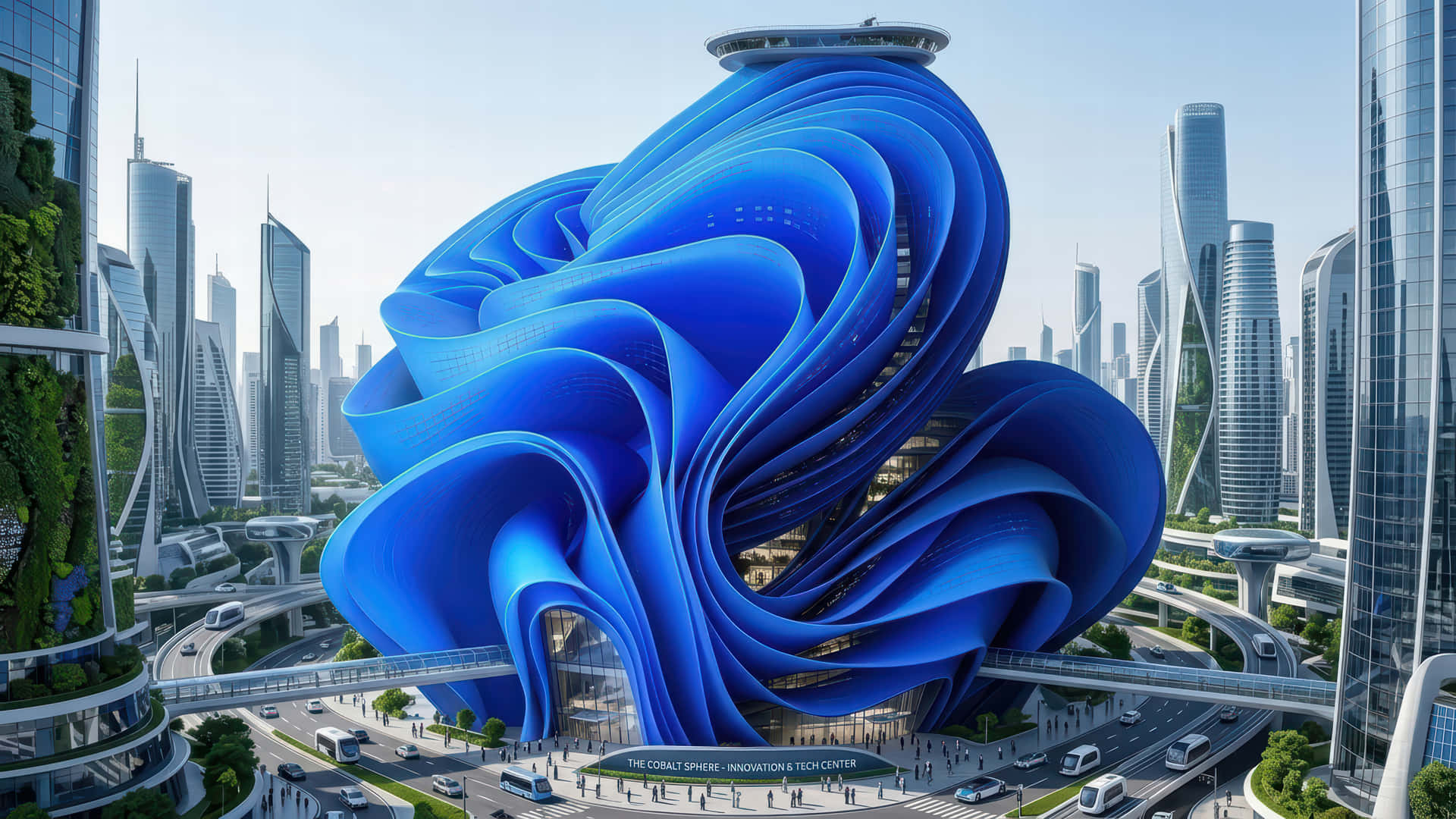 一座藍色波浪形未來主義建築，位於現代城市中，周圍有玻璃塔樓和高架道路。