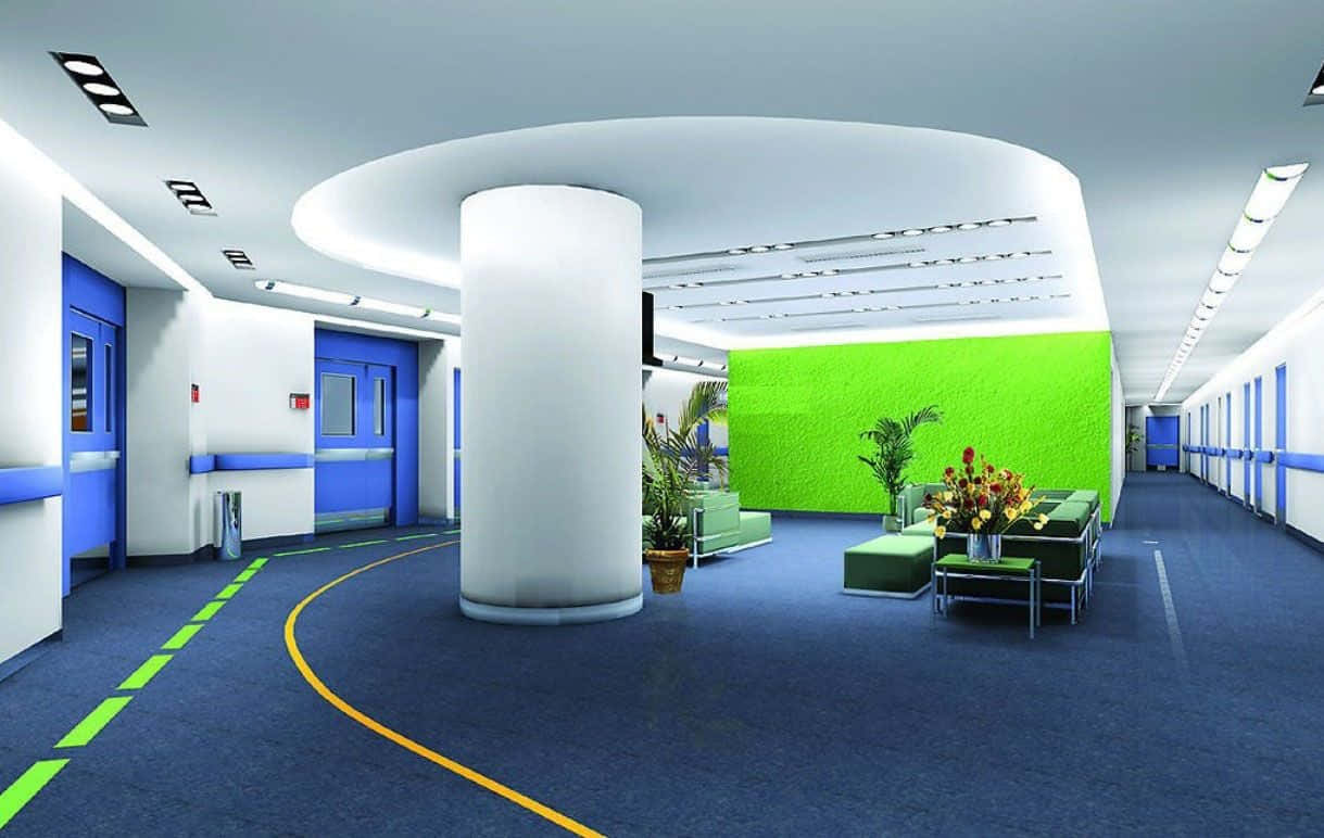 A Relaxing Corporate Office Environment 壁紙 — 現代醫院大堂，配有藍色地毯、黃色和綠色引導線、白色柱子和充滿活力的綠色特色牆，附設座位區。