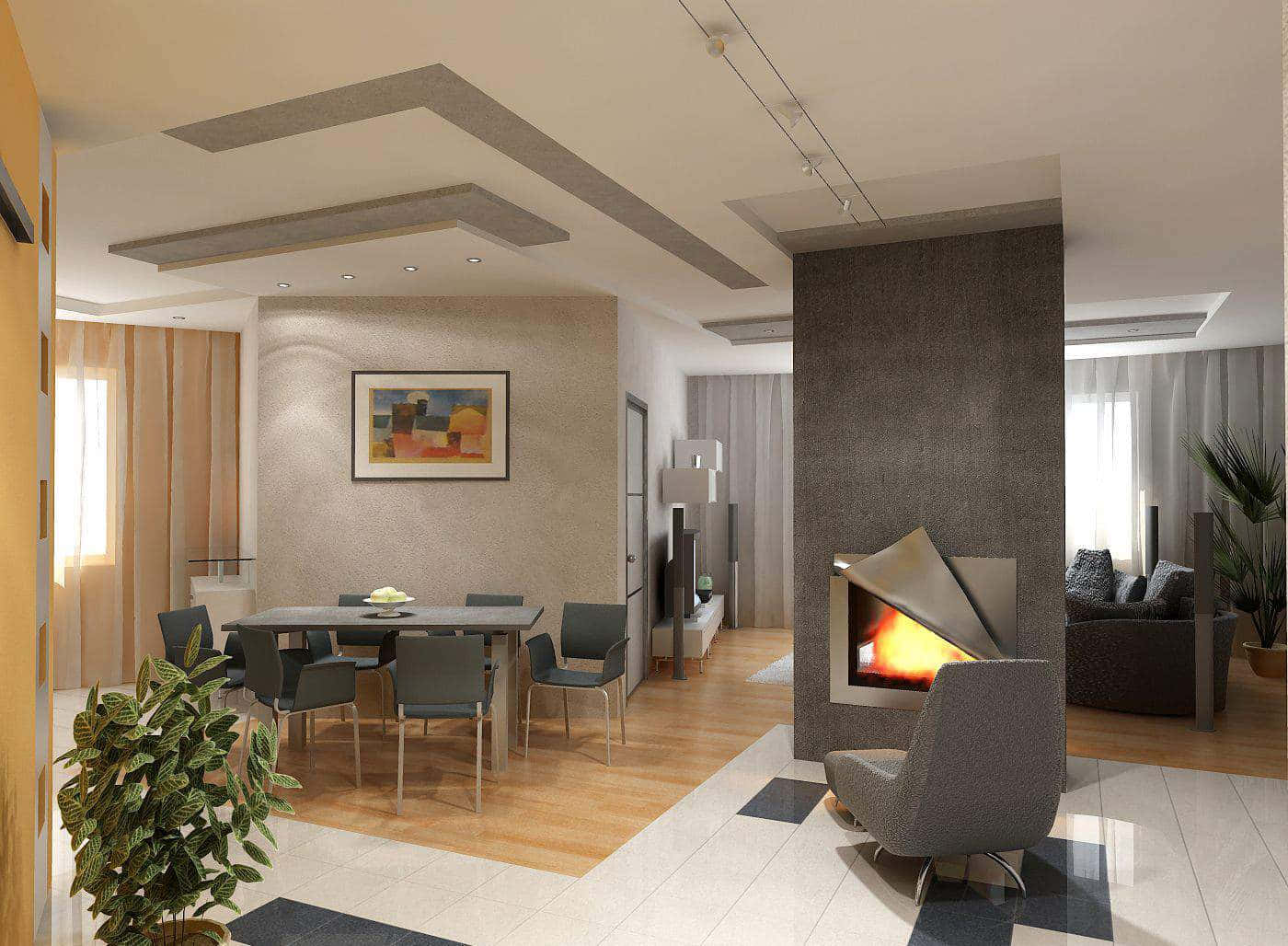 Interior Design 桌布 壁紙 — 現代開放式客廳，設有發光的壁爐、餐桌和讓自然光透入的大窗戶。