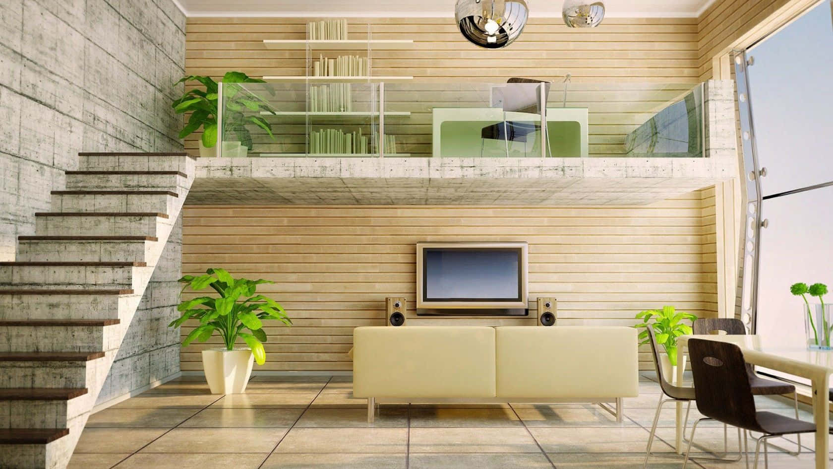 Interior Design 桌布 壁紙 — 現代閣樓室內設計，設有混凝土樓梯、木牆和綠色植物，在明亮的自然光下。