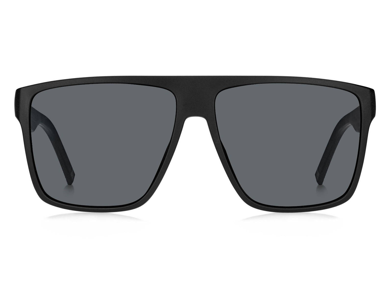 Tommy Hilfiger Le Specs Dirty Magic 壁紙 — 現代霧面黑色長方形太陽眼鏡，深灰色鏡片，正面展示在純白背景上。