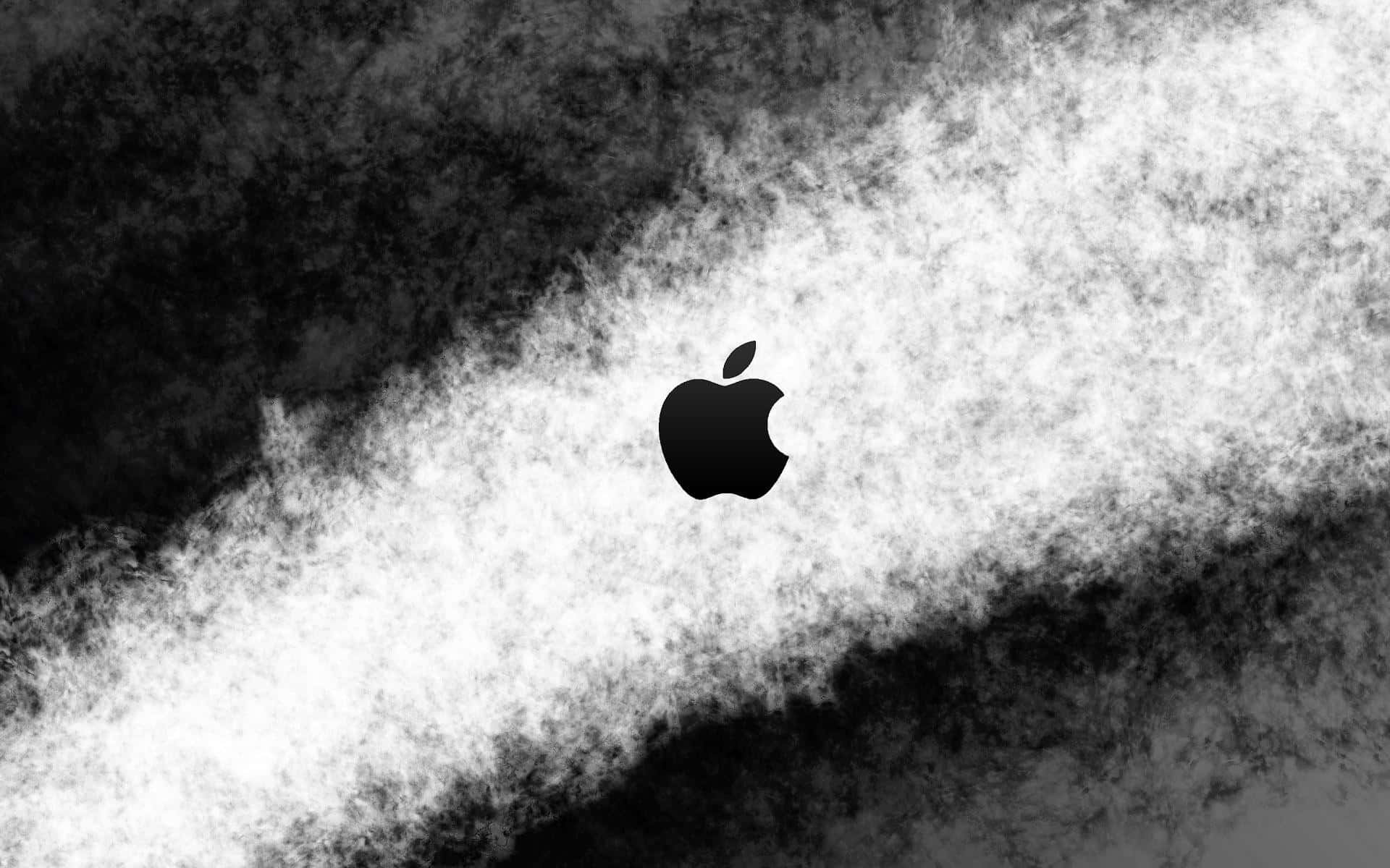 黑色Apple標誌被旋轉煙霧環繞，深色背景