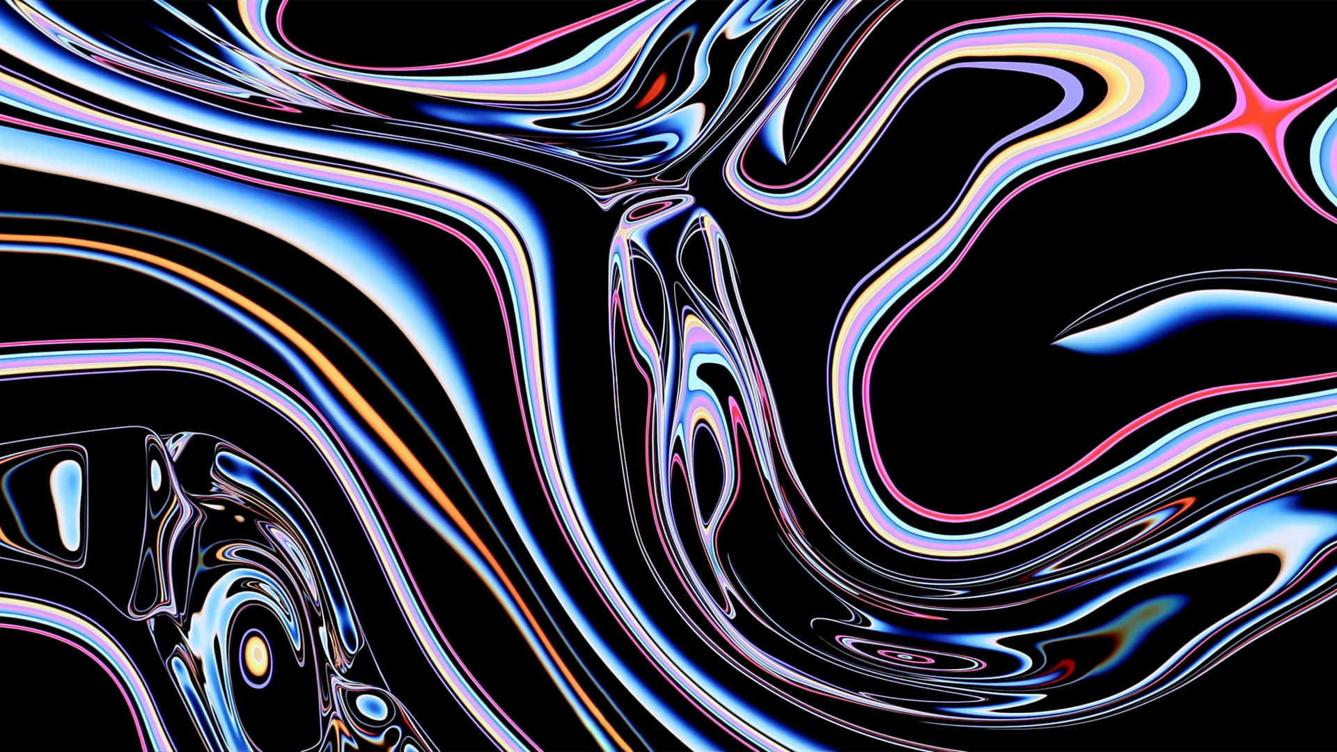 黑色背景上帶有流動霓虹色彩的抽象數位藝術作品