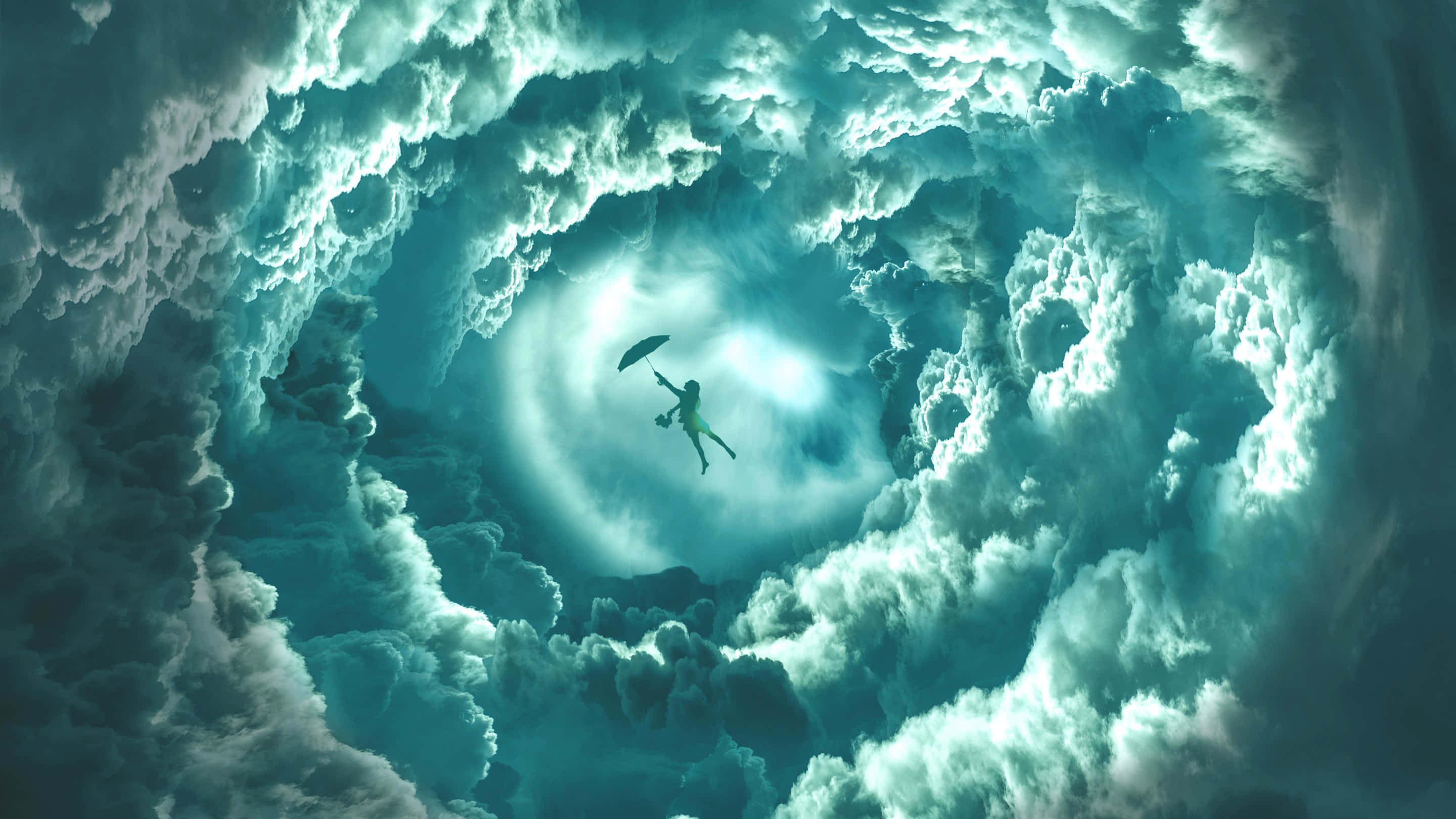 一個人撐著傘漂浮在發光的青綠色雲漩渦中。