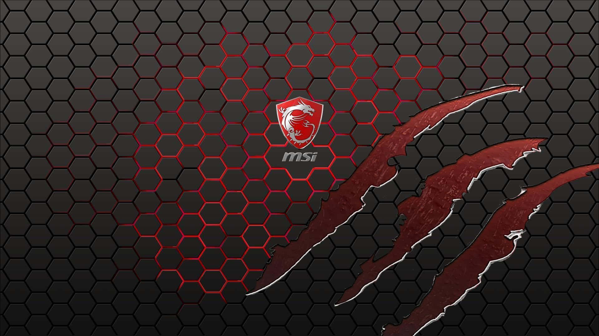 現在就體驗高性能，選擇 MSI 壁紙 — 深色六角形網格牆紙，帶有發光的紅色MSI標誌和醒目的紅色爪痕。