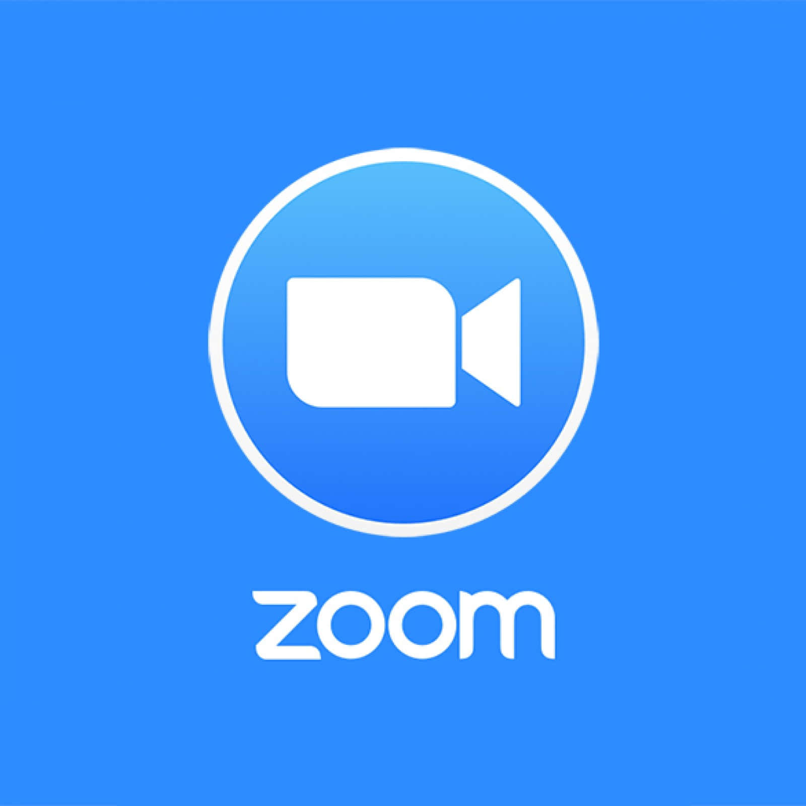 Zoom應用程式標誌，藍色背景上有白色相機圖標
