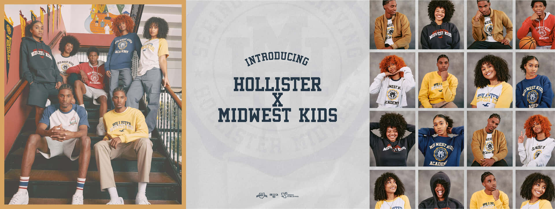 一群年輕模特兒在工作室照片中穿著Hollister x Midwest Kids服裝。