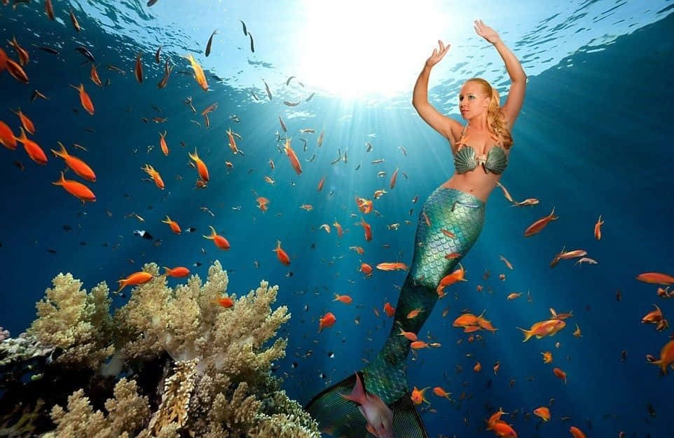 一條綠色尾巴的美人魚在珊瑚附近游動，伴有橙色魚類和水下陽光。