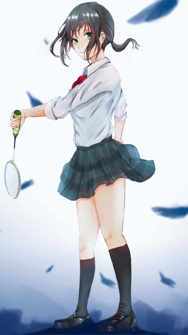 動漫女孩穿著校服，拿著羽毛球拍，羽毛飄浮。