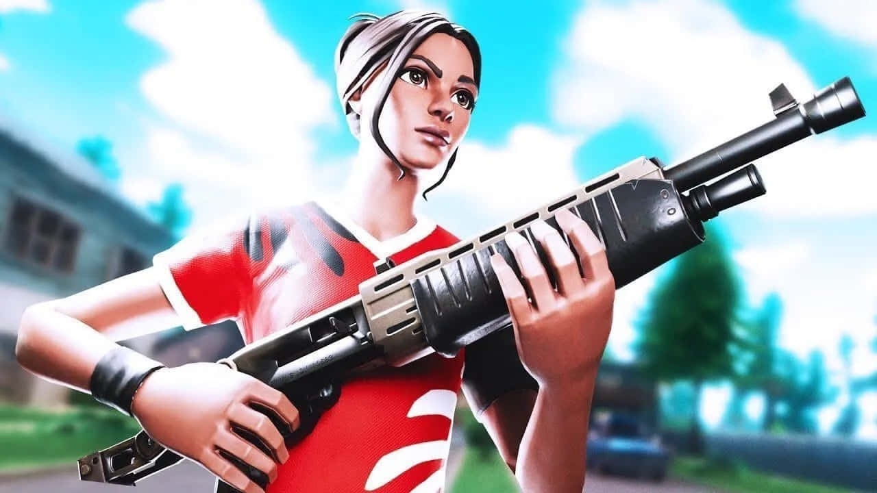 女性Fortnite玩家在郊區環境中手持步槍。