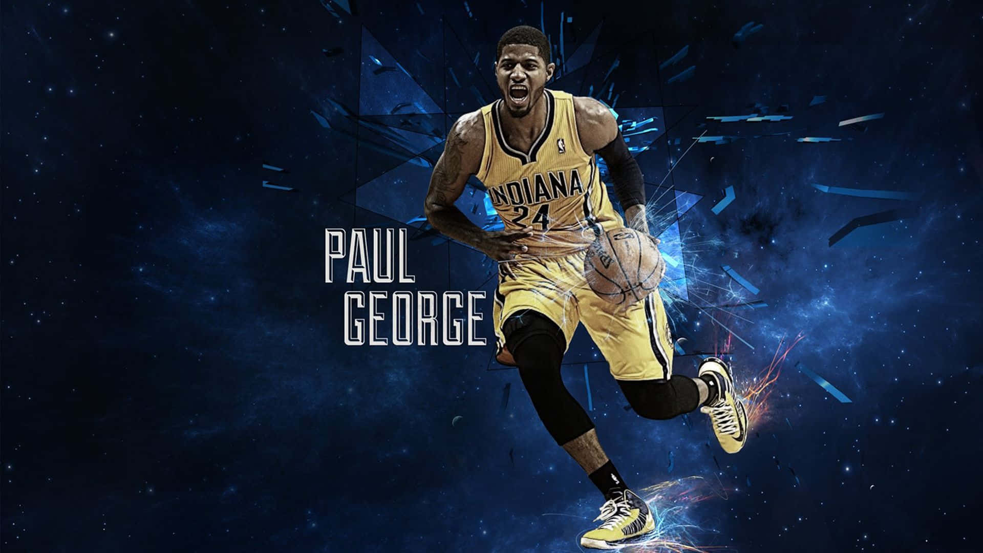 「球場上的運動家精神」 壁紙 — 籃球運動員 Paul George 身穿黃色印第安納球衣運球，身後有宇宙藍色能量爆發。