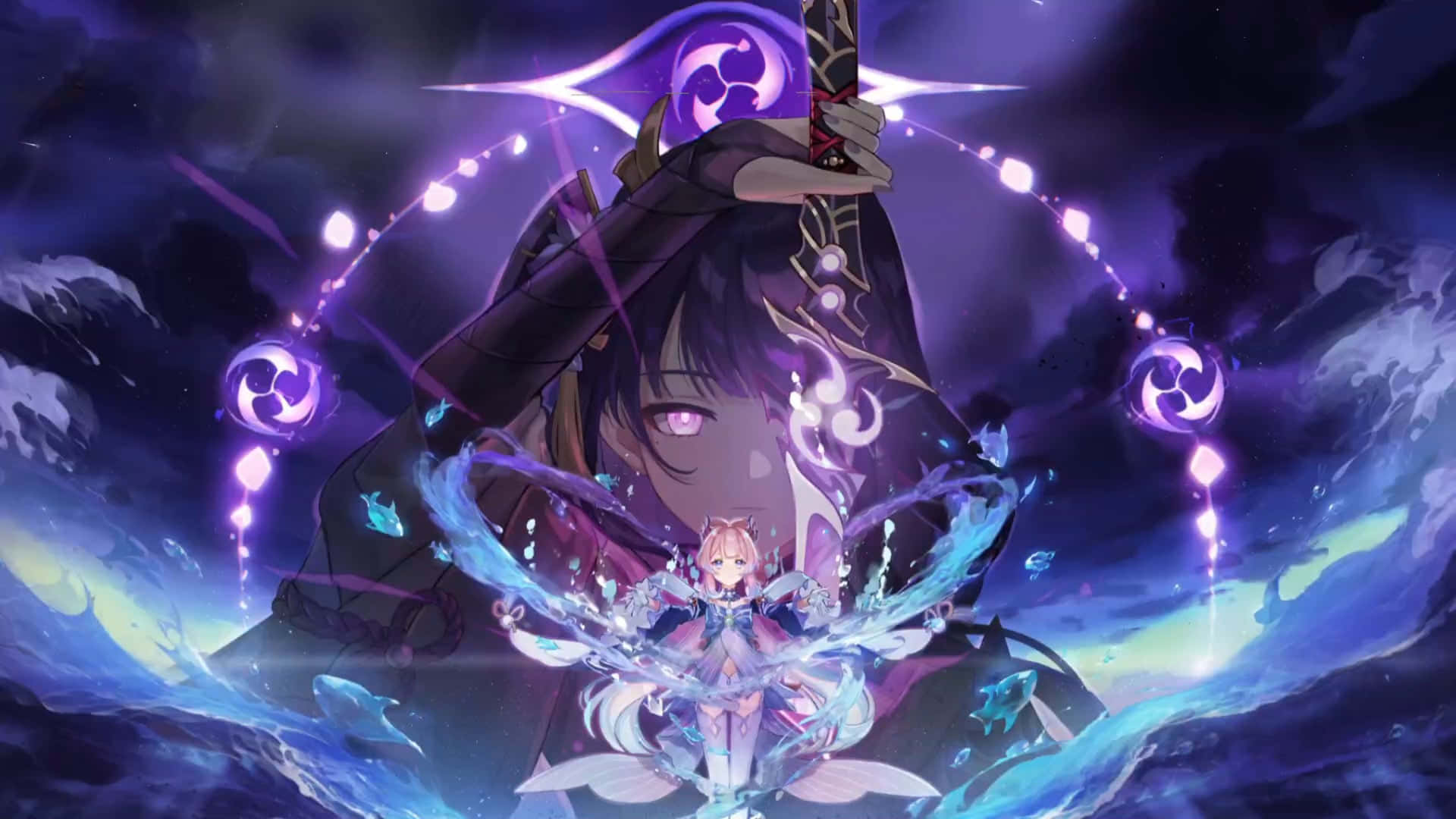 動漫戰士手持發光劍和魔法能量，在暴風雨夜空中位於較小角色之上