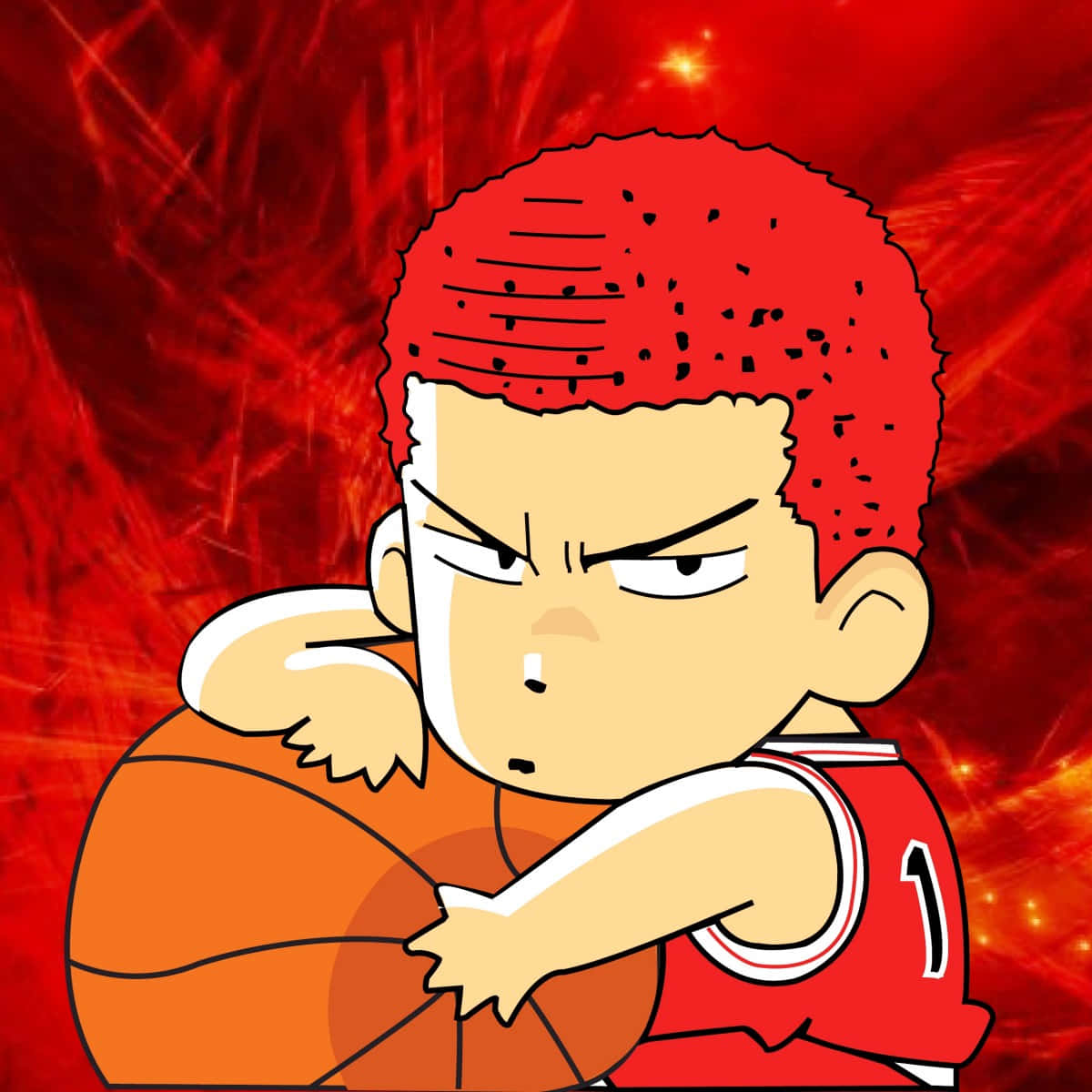 紅髮動漫籃球運動員以激烈姿勢緊握籃球。