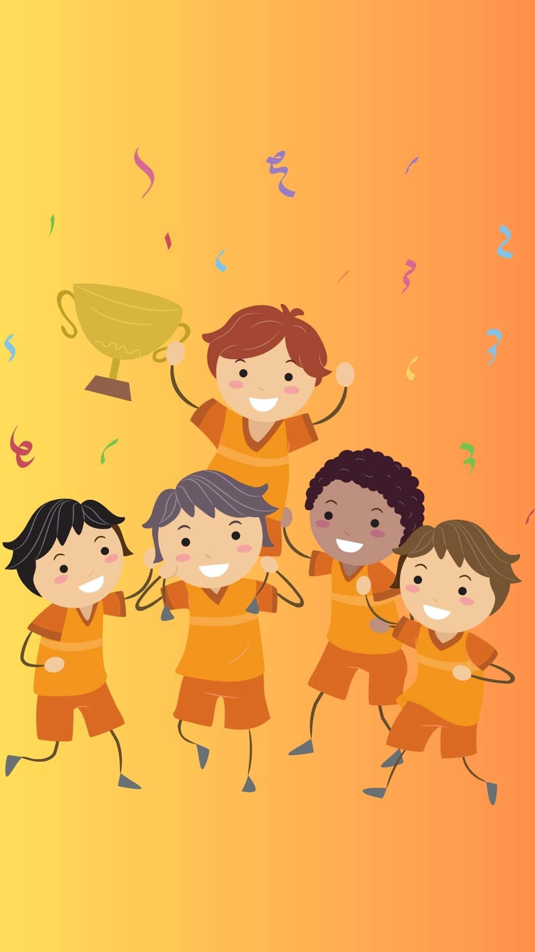 球隊慶祝奪冠運動背景 壁紙 — 五個快樂的卡通小孩穿著橙色制服，在溫暖的漸變背景上，用獎盃和彩色紙屑慶祝。