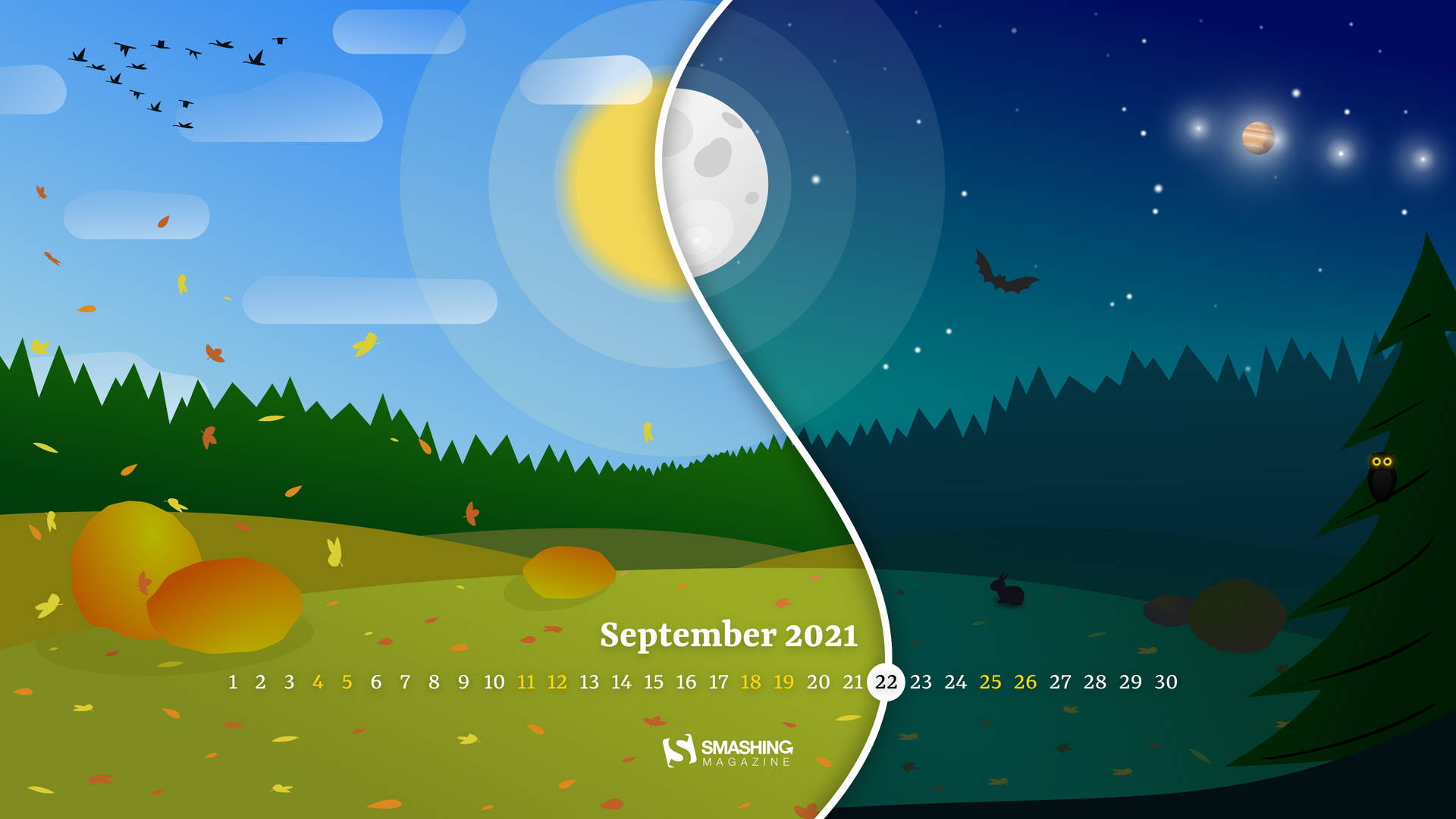 2021年9月的日曆，展示秋季白天和夜晚的場景，有落葉和星星。