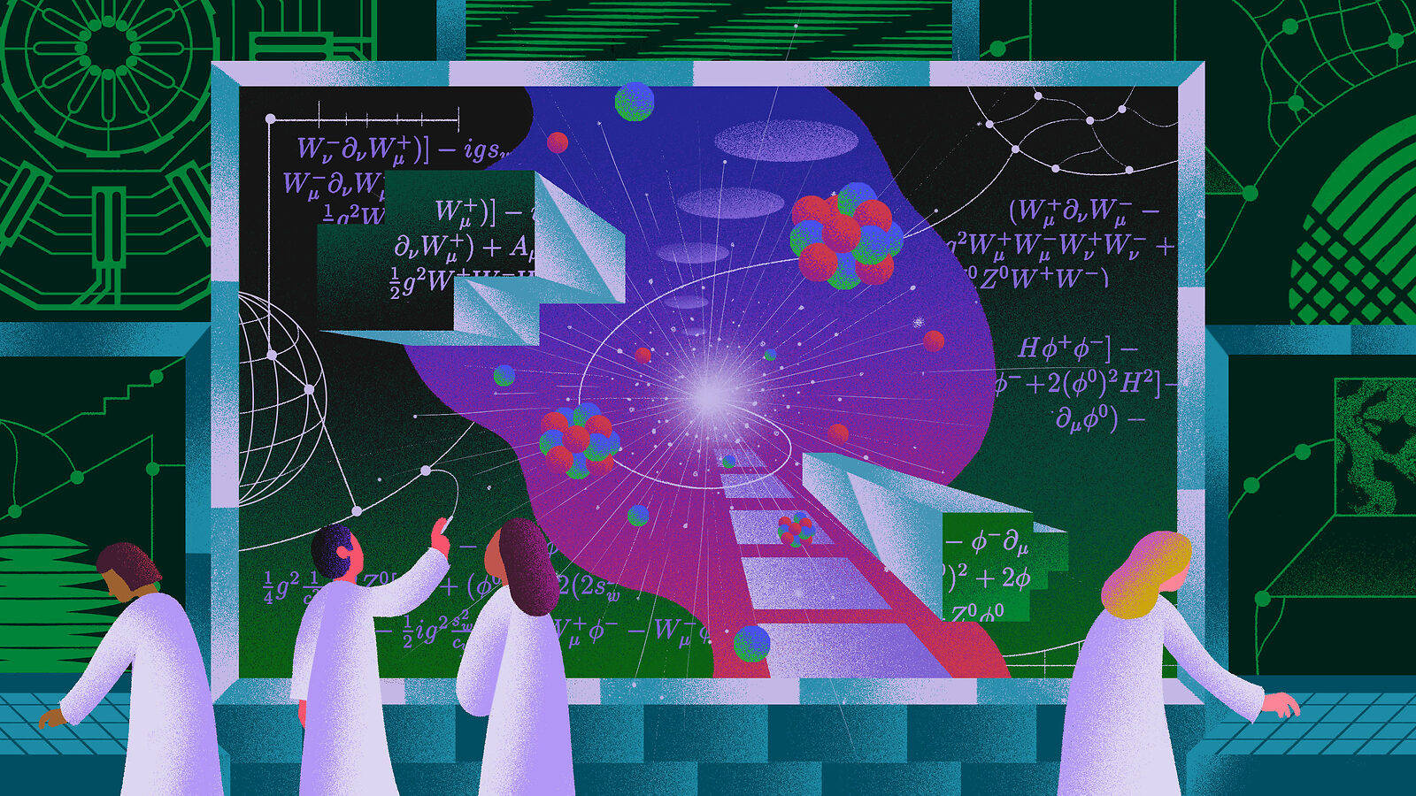 穿著白色外套的科學家在數碼屏幕上探索發光的物理方程式和粒子爆發。