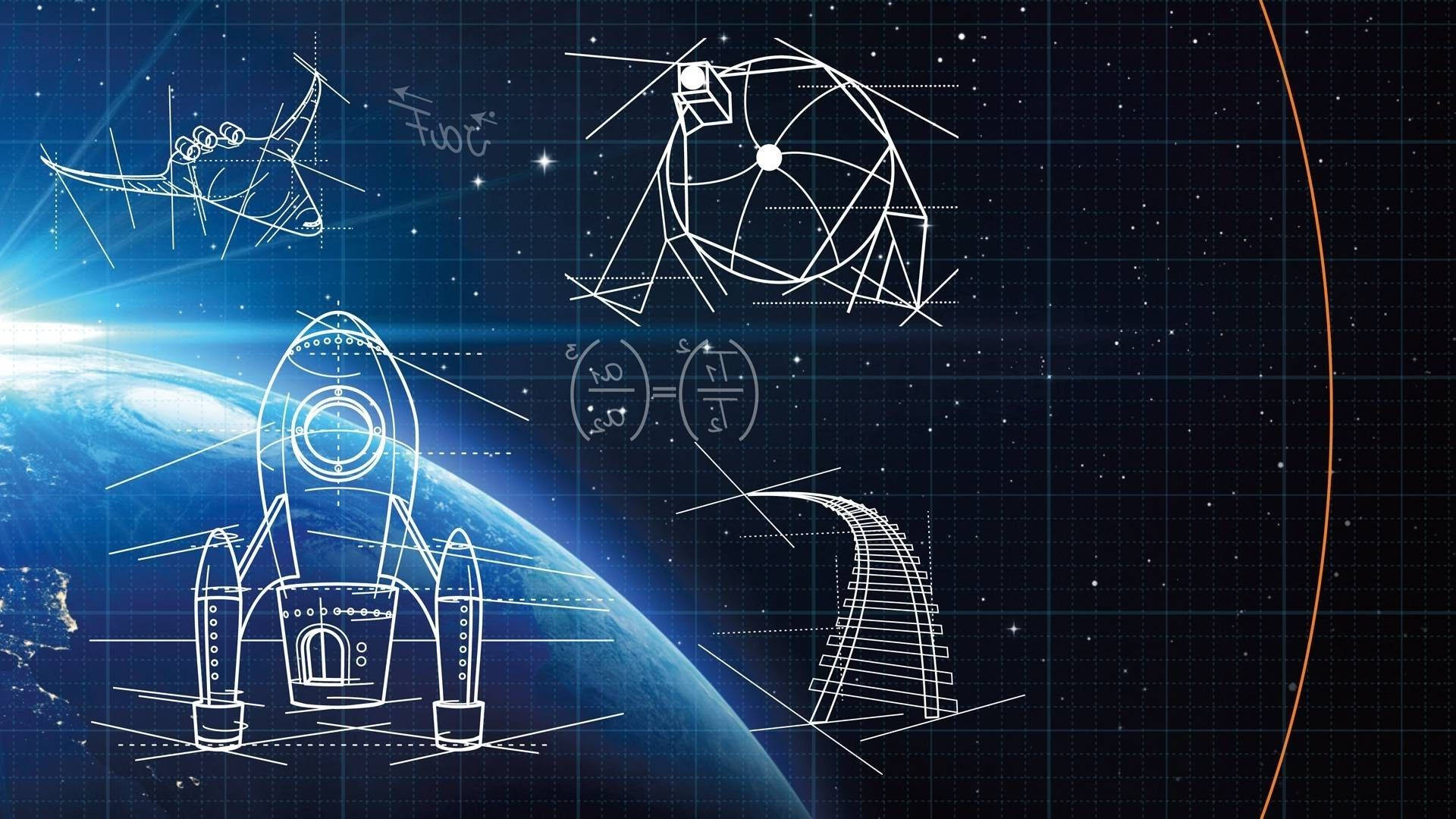 未來太空船藍圖漂浮在地球上空，帶有數學方程式和星星。