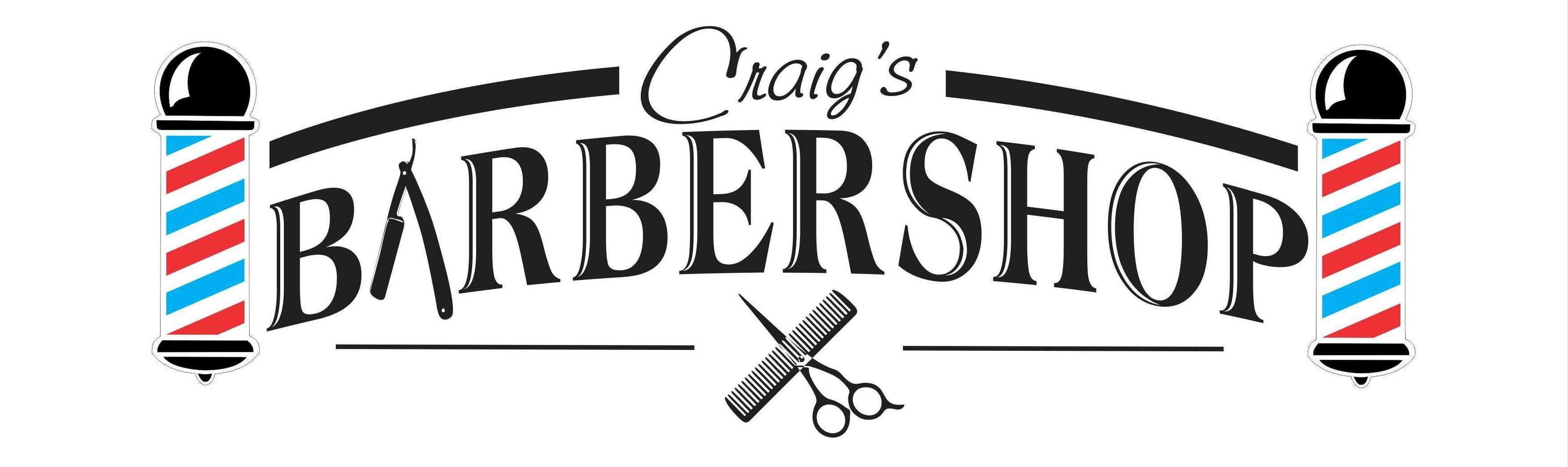 Craig's Barbershop 標誌，附有理髮柱、剪刀和梳子。
